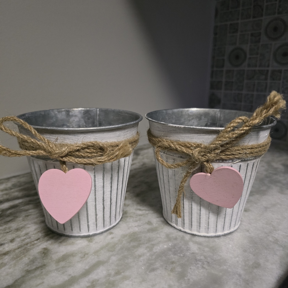 Rustic White Metal Planters with Pink Heart Accents